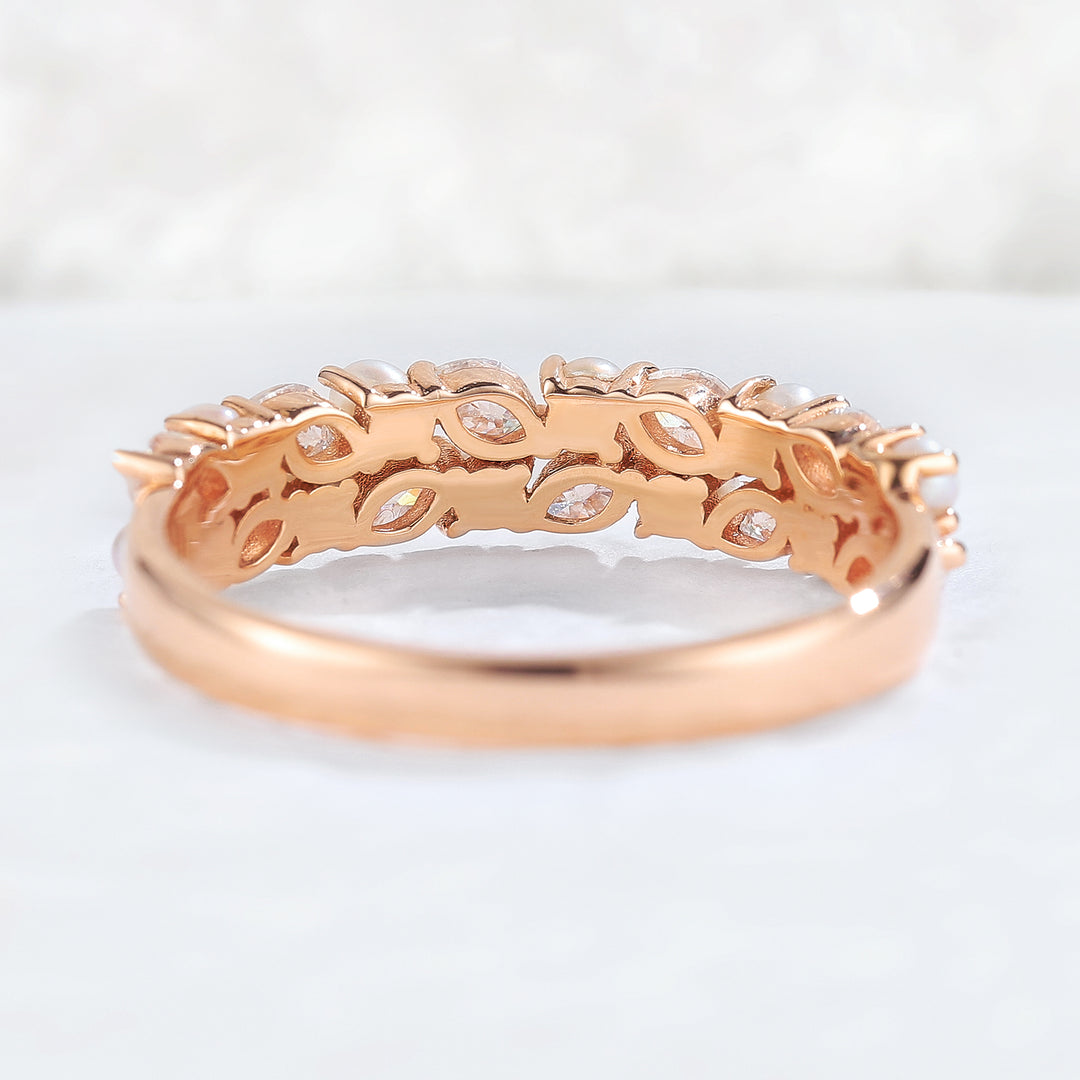 Unique Marquise Shaped Miossanite Pearl Half Enternity Stacking Ring