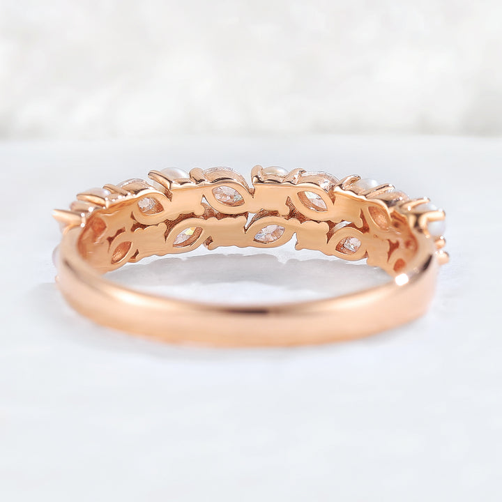 Unique Marquise Shaped Miossanite Pearl Half Enternity Stacking Ring