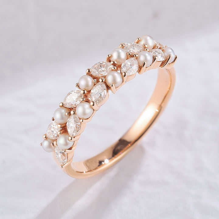 Unique Marquise Shaped Miossanite Pearl Half Enternity Stacking Ring
