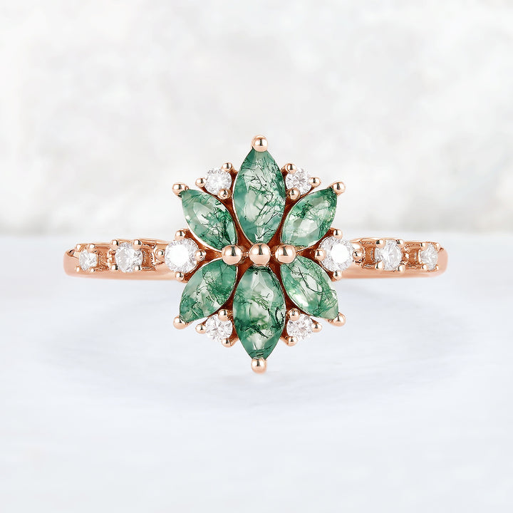 Unique Marquise Shaped Moss Agate Moissanite Gemstone Ring