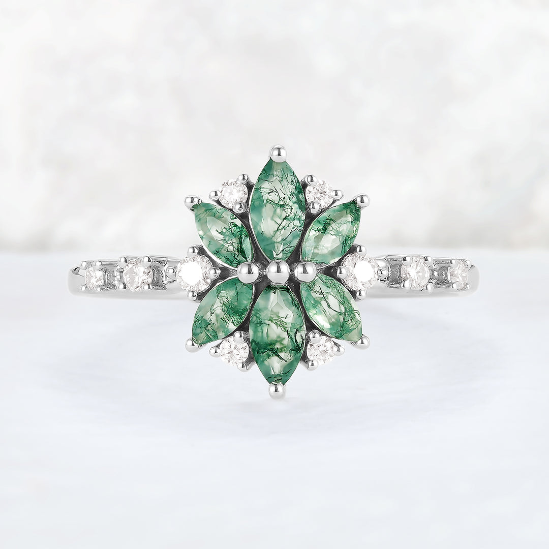 Unique Marquise Shaped Moss Agate Moissanite Gemstone Ring