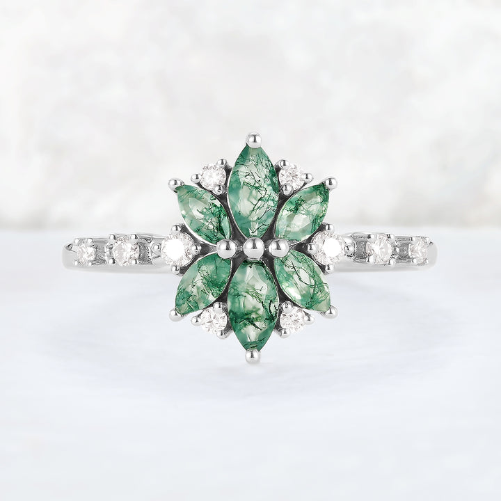 Unique Marquise Shaped Moss Agate Moissanite Gemstone Ring