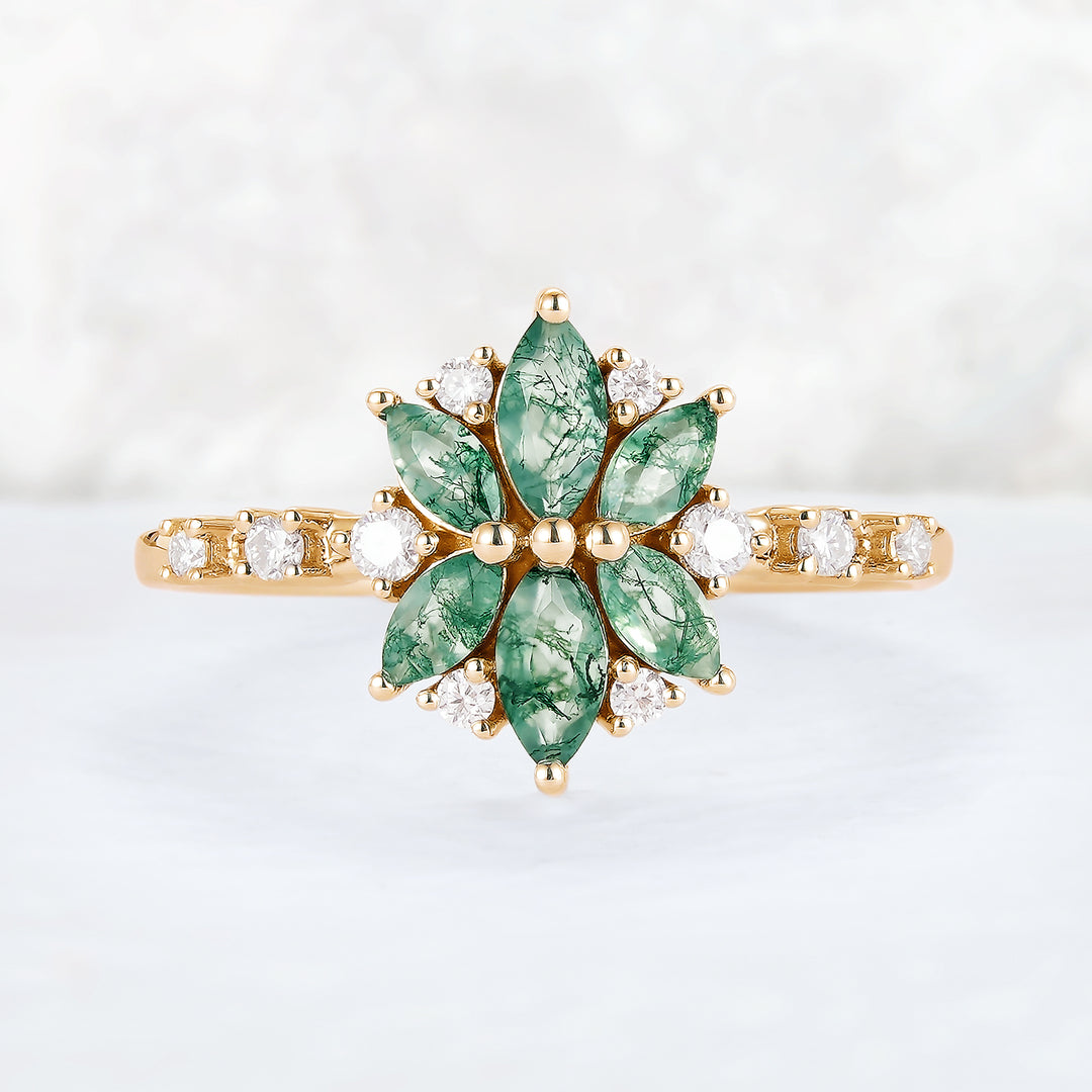 Unique Marquise Shaped Moss Agate Moissanite Gemstone Ring