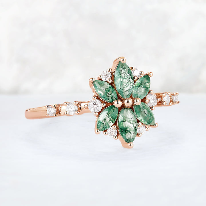 Unique Marquise Shaped Moss Agate Moissanite Gemstone Ring