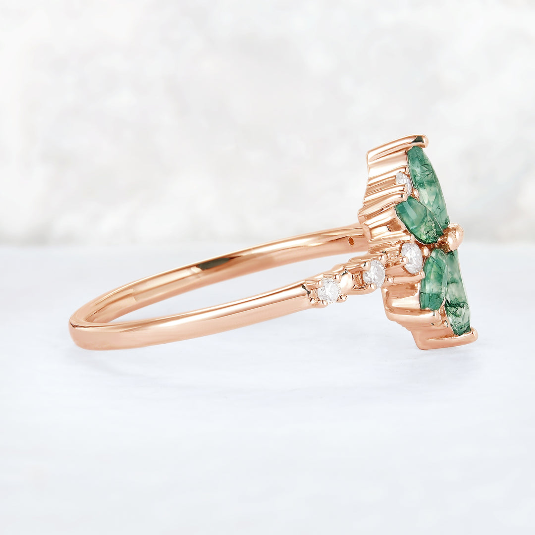 Unique Marquise Shaped Moss Agate Moissanite Gemstone Ring