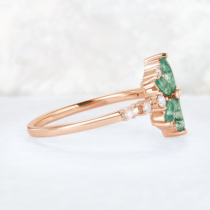 Unique Marquise Shaped Moss Agate Moissanite Gemstone Ring