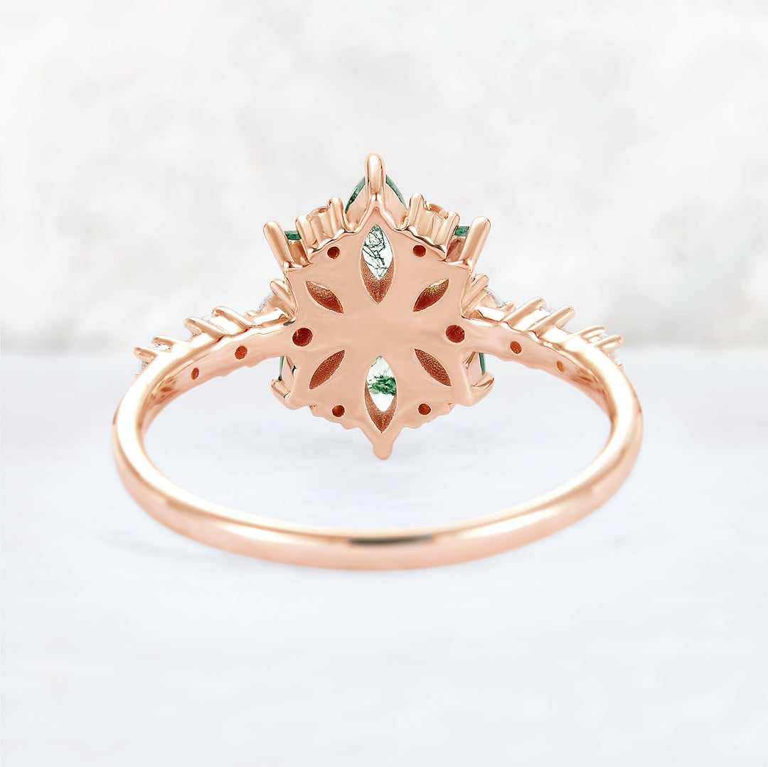 Unique Marquise Shaped Moss Agate Moissanite Gemstone Ring