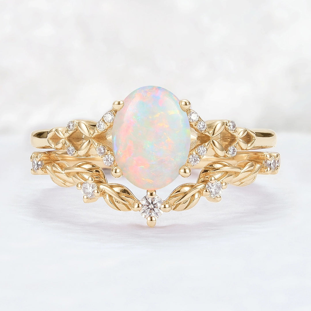 Unique Natural Australian Opal Opal Leaf Gemstone Ring Set 2pcs