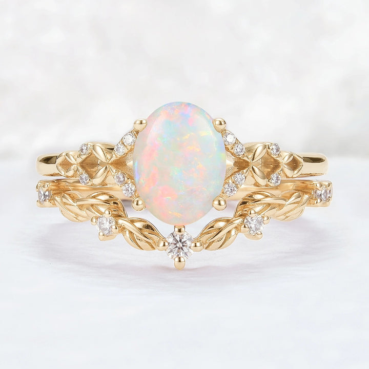 Unique Natural Australian Opal Opal Leaf Gemstone Ring Set 2pcs