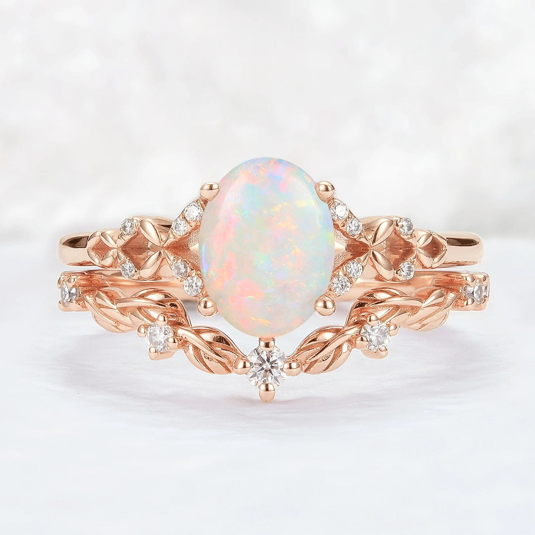 Unique Natural Australian Opal Opal Leaf Gemstone Ring Set 2pcs