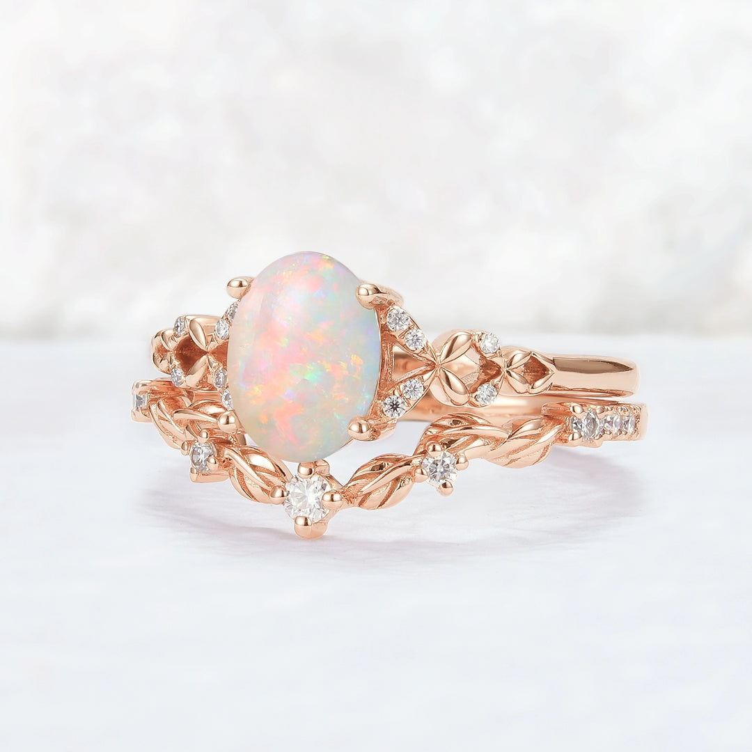 Unique Natural Australian Opal Opal Leaf Gemstone Ring Set 2pcs