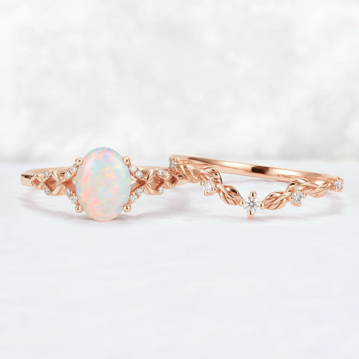 Unique Natural Australian Opal Opal Leaf Gemstone Ring Set 2pcs