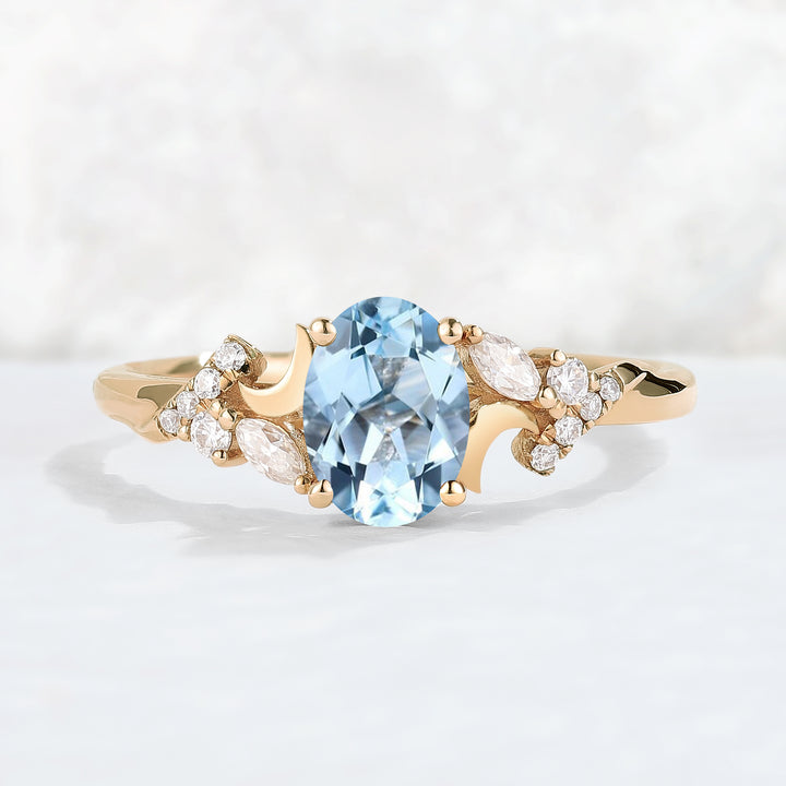 Unique Oval Aquamarine Moon Engagament Ring
