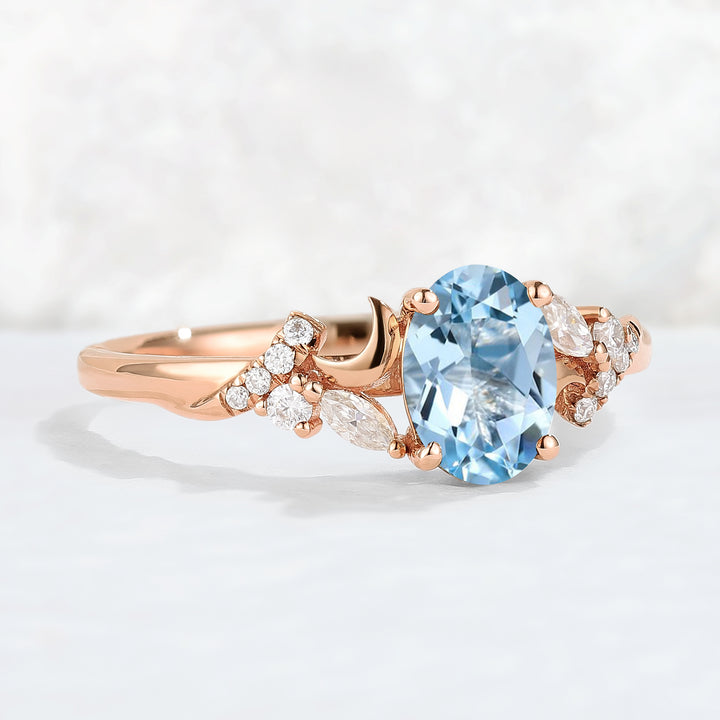 Unique Oval Aquamarine Moon Engagament Ring