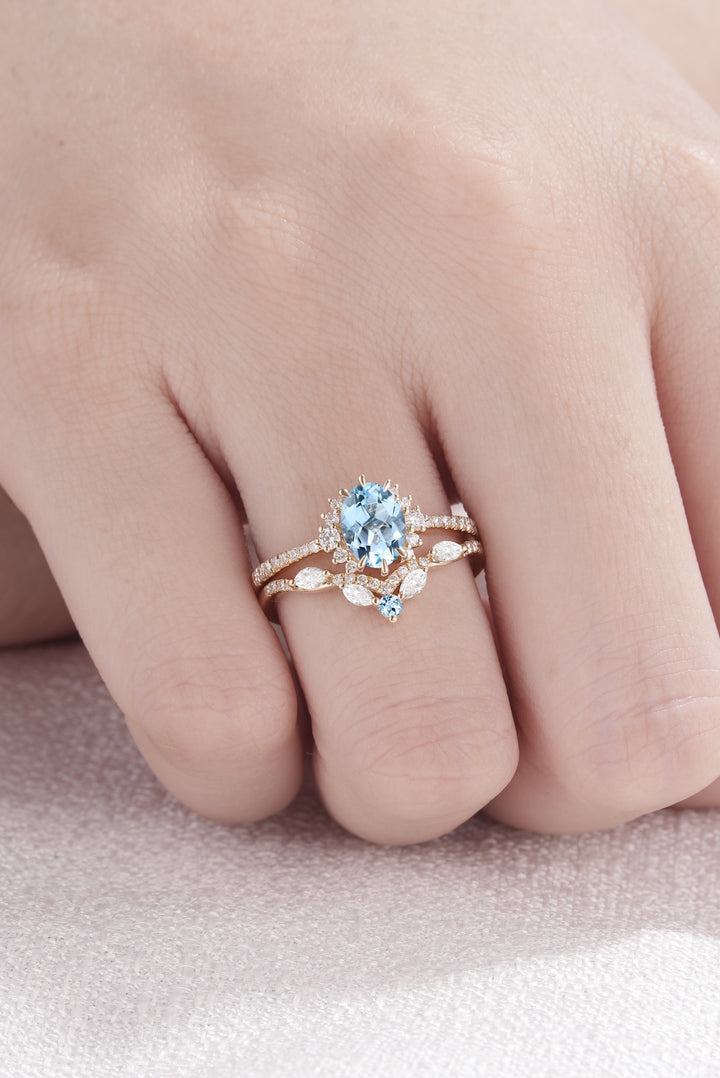 Unique Oval Cut Aquamarine Half Enternity Engagement Ring Set 2pcs