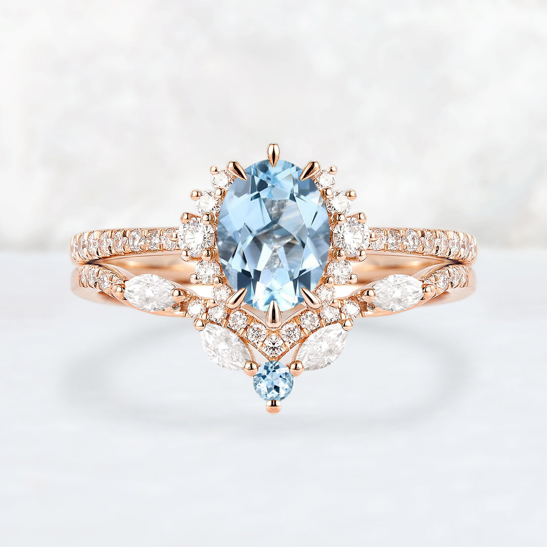 Unique Oval Cut Aquamarine Half Enternity Engagement Ring Set 2pcs