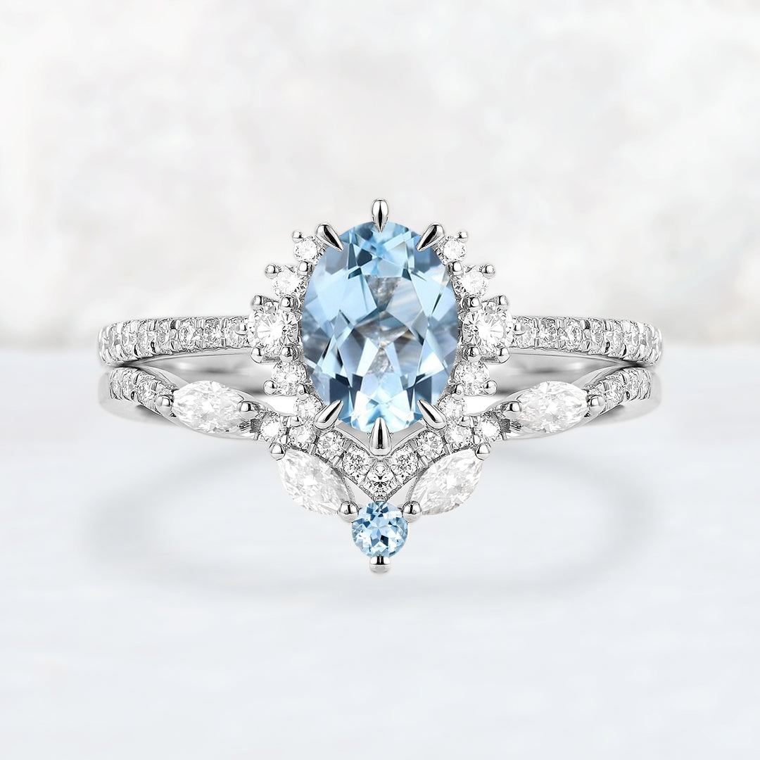 Unique Oval Cut Aquamarine Half Enternity Engagement Ring Set 2pcs