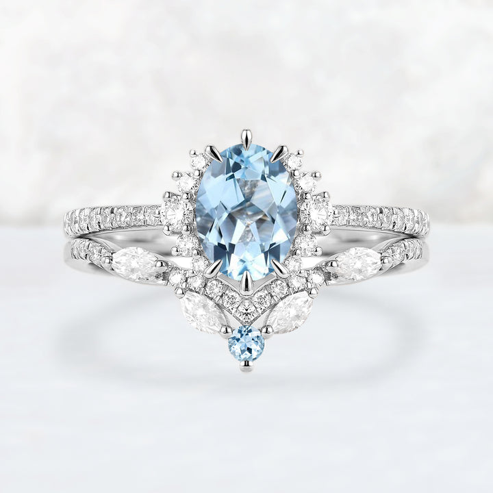 Unique Oval Cut Aquamarine Half Enternity Engagement Ring Set 2pcs