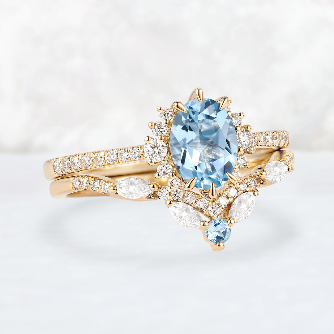 Unique Oval Cut Aquamarine Half Enternity Engagement Ring Set 2pcs