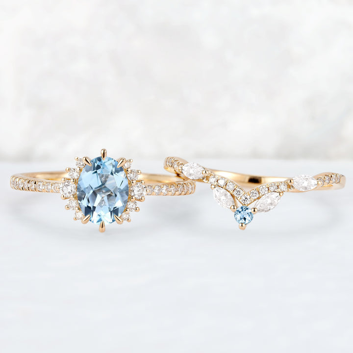 Unique Oval Cut Aquamarine Half Enternity Engagement Ring Set 2pcs
