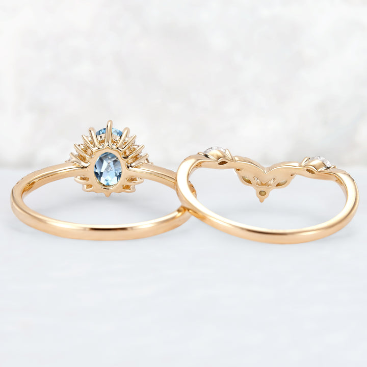 Unique Oval Cut Aquamarine Half Enternity Engagement Ring Set 2pcs