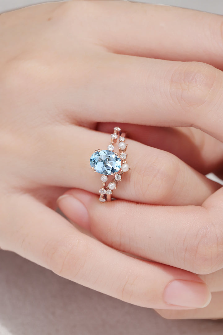 Unique Oval Cut Aquamarine Pearl Captivating Engagement Ring Set 2pcs