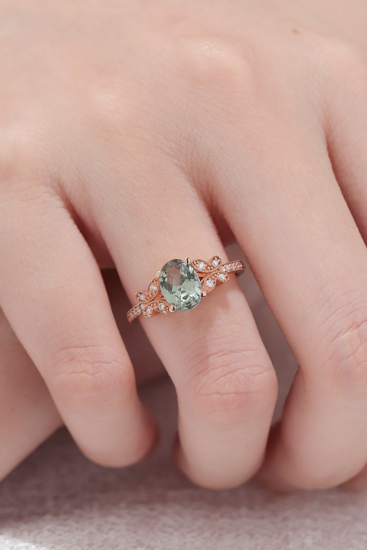 Unique Oval Cut Green Sapphire Butterfly Beaded Edge Gemstone Ring