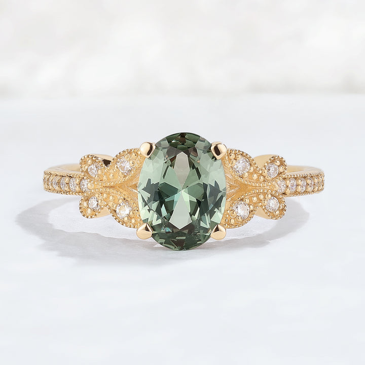 Unique Oval Cut Green Sapphire Butterfly Beaded Edge Gemstone Ring