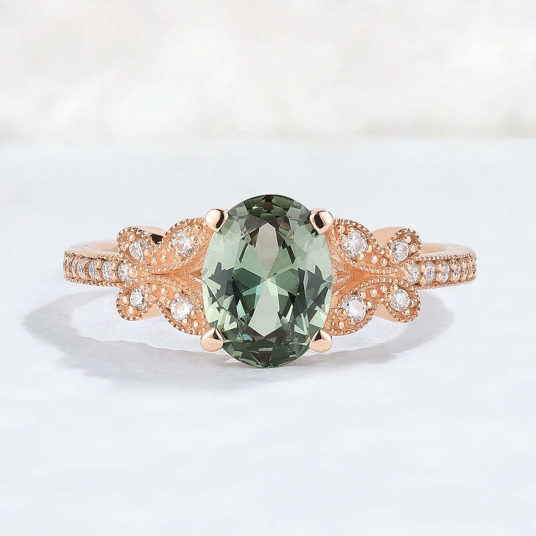 Unique Oval Cut Green Sapphire Butterfly Beaded Edge Gemstone Ring
