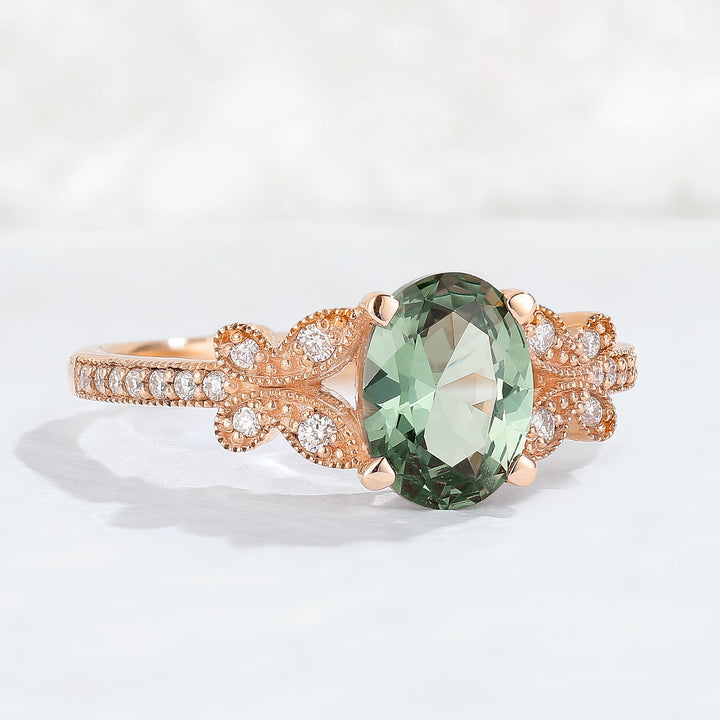 Unique Oval Cut Green Sapphire Butterfly Beaded Edge Gemstone Ring