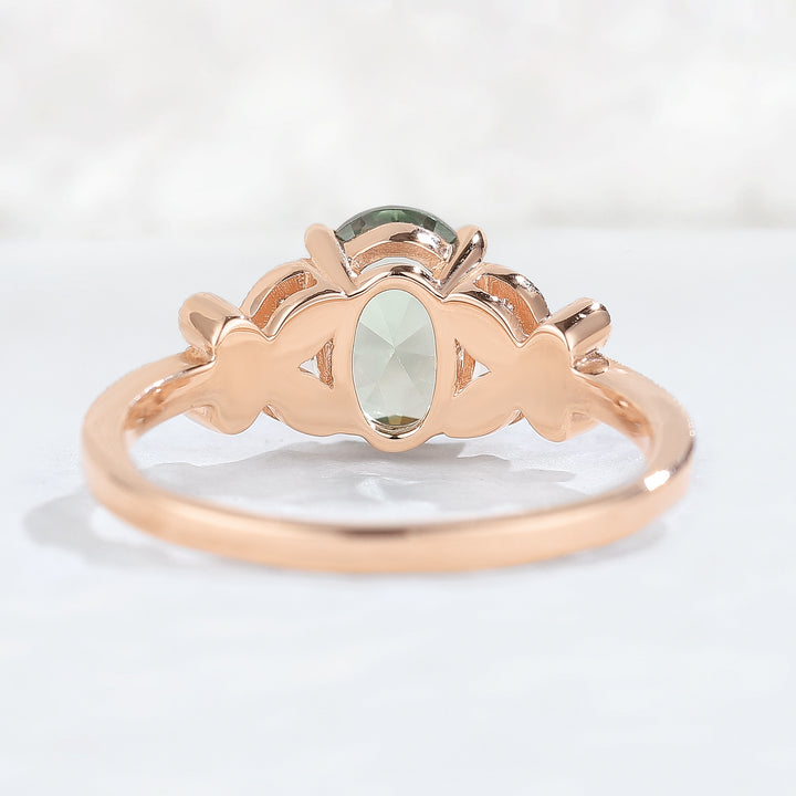 Unique Oval Cut Green Sapphire Butterfly Beaded Edge Gemstone Ring