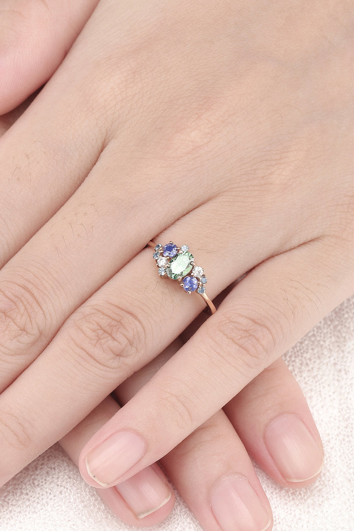 Unique Oval Cut Green Sapphire Cluster Gemstone Ring
