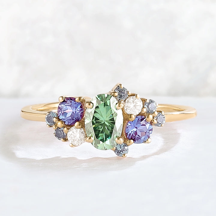 Unique Oval Cut Green Sapphire Cluster Gemstone Ring