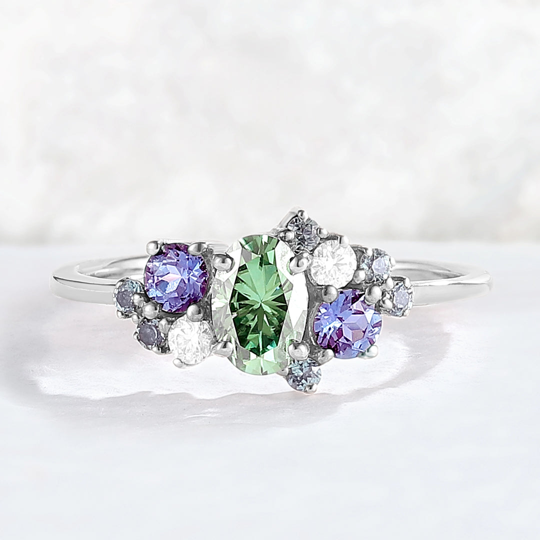 Unique Oval Cut Green Sapphire Cluster Gemstone Ring