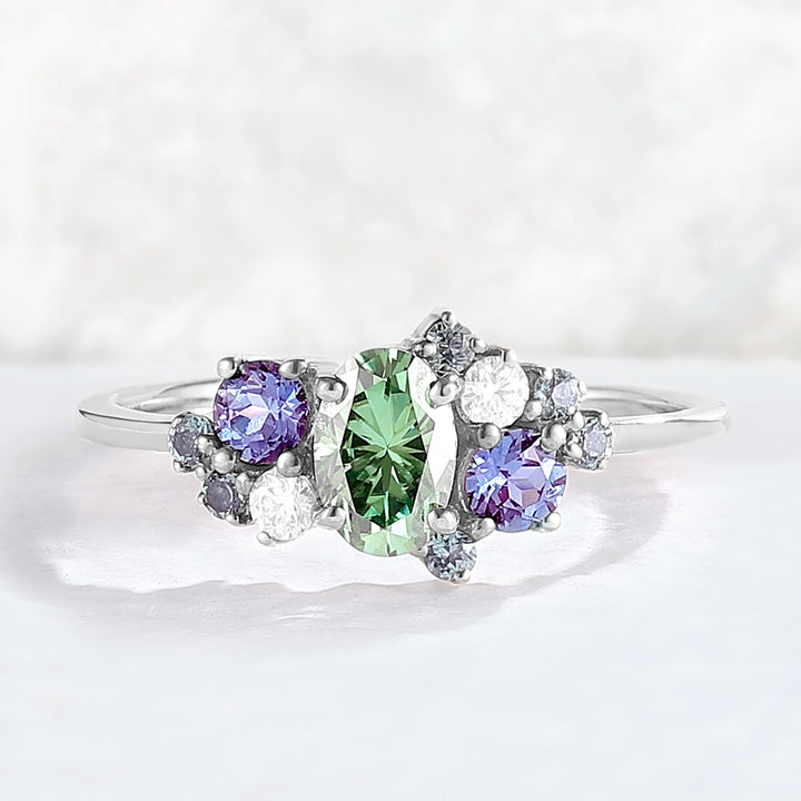 Unique Oval Cut Green Sapphire Cluster Gemstone Ring