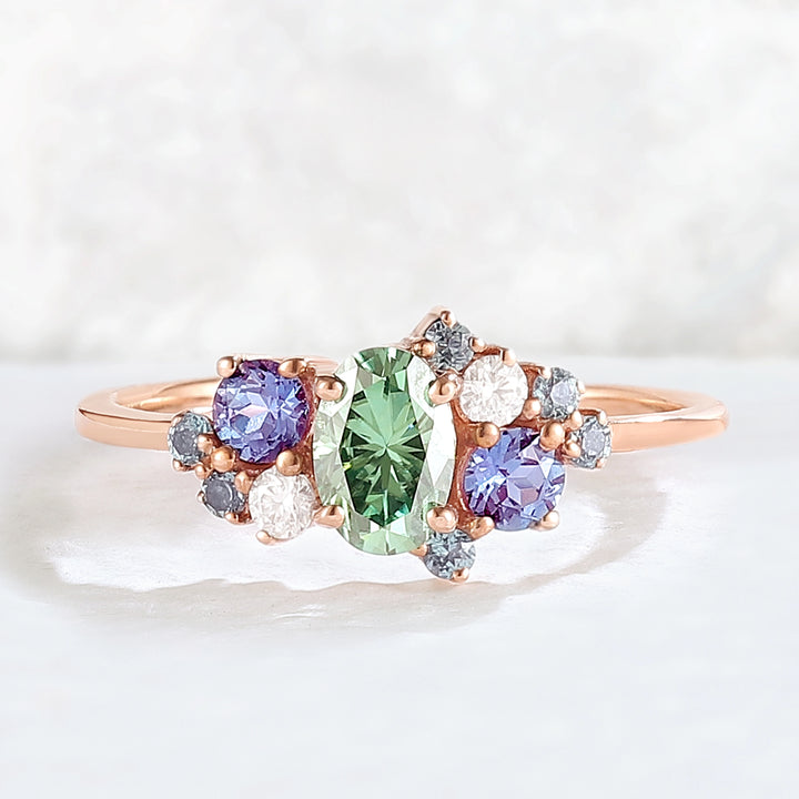 Unique Oval Cut Green Sapphire Cluster Gemstone Ring