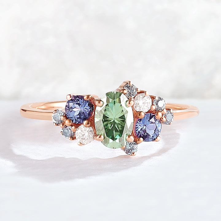 Unique Oval Cut Green Sapphire Cluster Gemstone Ring
