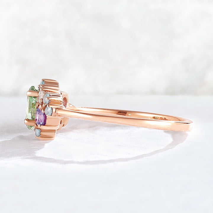 Unique Oval Cut Green Sapphire Cluster Gemstone Ring