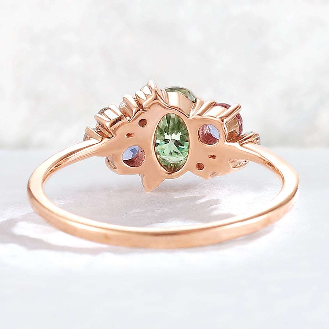 Unique Oval Cut Green Sapphire Cluster Gemstone Ring