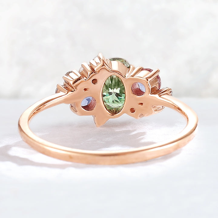 Unique Oval Cut Green Sapphire Cluster Gemstone Ring