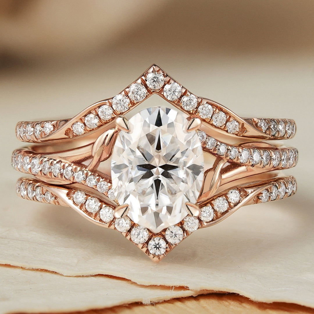 Unique Oval Cut Moissanite Enhancer Leaf Engagement Ring Set 2pcs