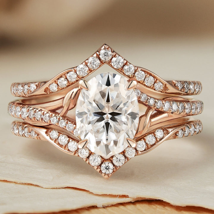 Unique Oval Cut Moissanite Enhancer Leaf Engagement Ring Set 2pcs