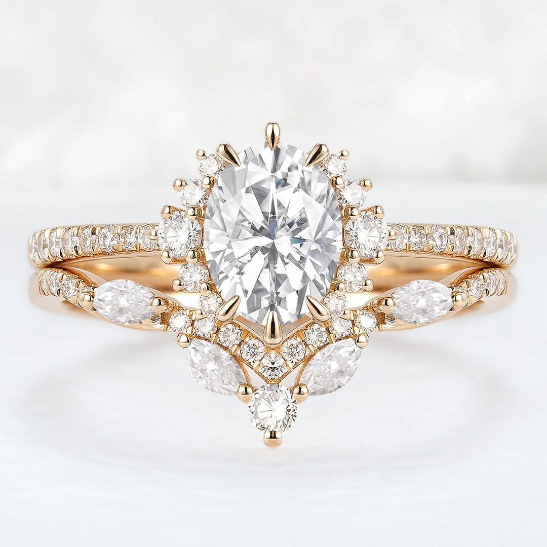 Unique Oval Cut Moissanite Half Enternity Ring Set 2pcs