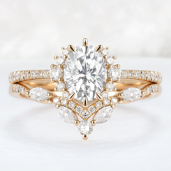 Unique Oval Cut Moissanite Half Enternity Ring Set 2pcs