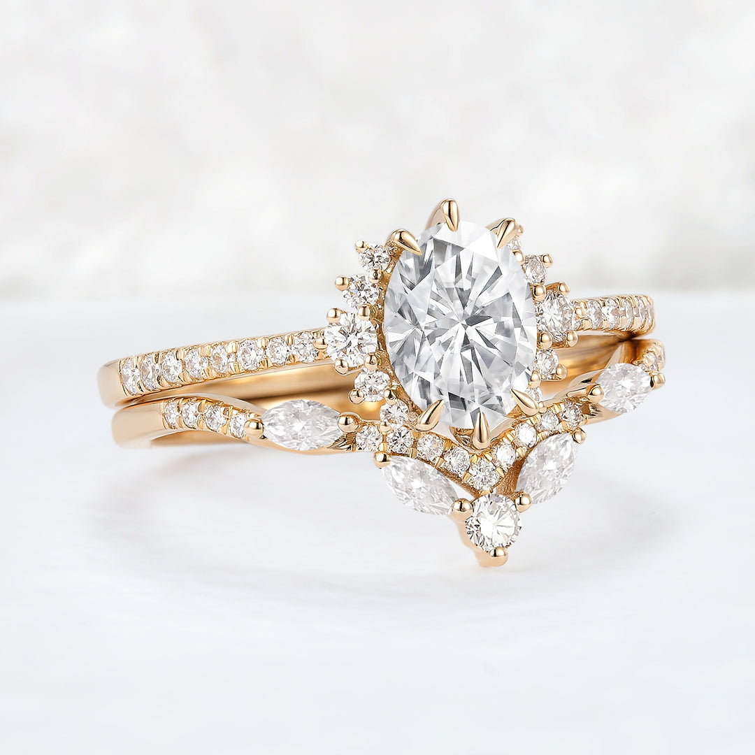 Unique Oval Cut Moissanite Half Enternity Ring Set 2pcs - Iver Jewelry