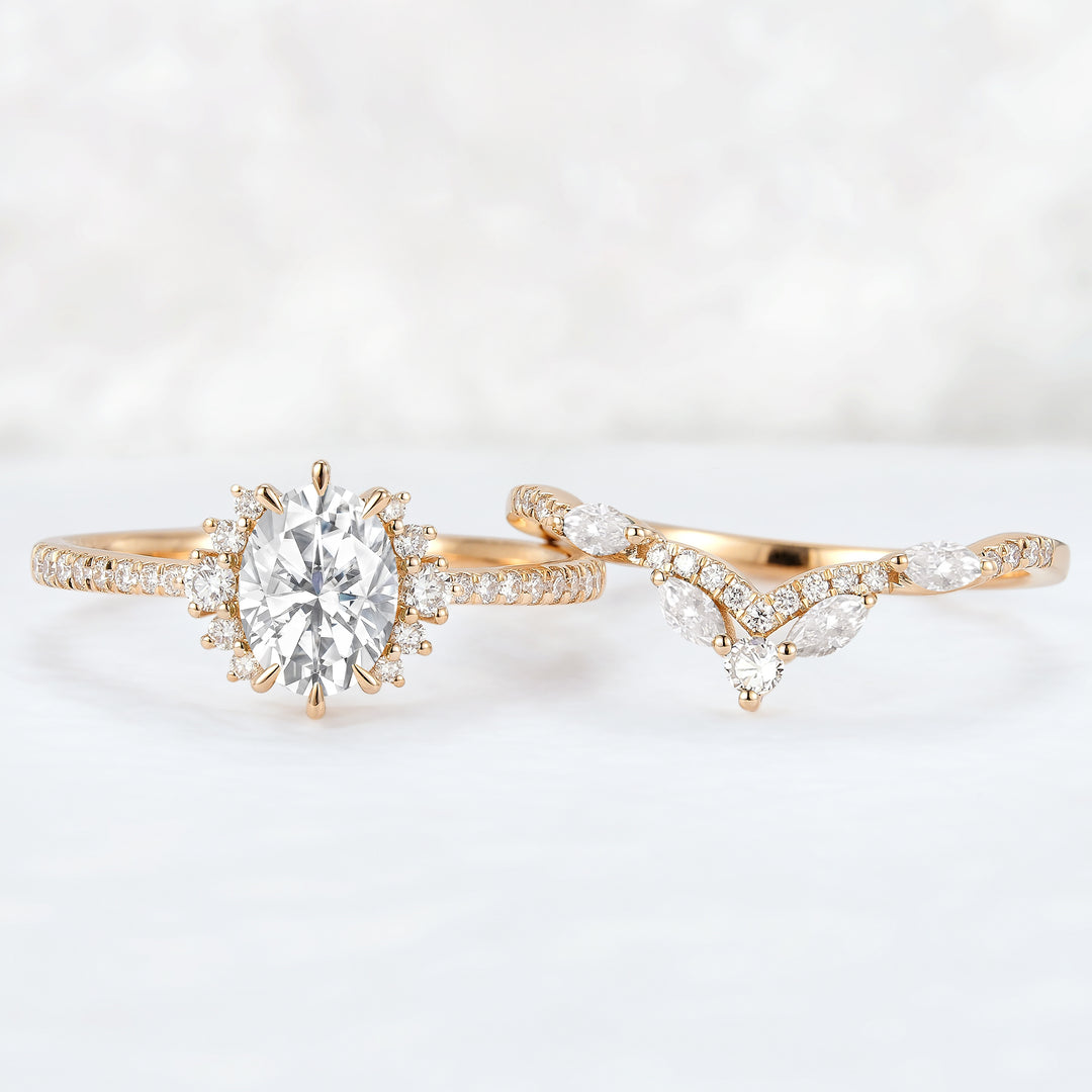 Unique Oval Cut Moissanite Half Enternity Ring Set 2pcs - Iver Jewelry