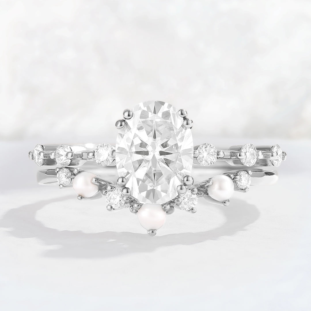 Unique Oval Cut Moissanite Pearl Captivating Gemstone Ring Set 2pcs