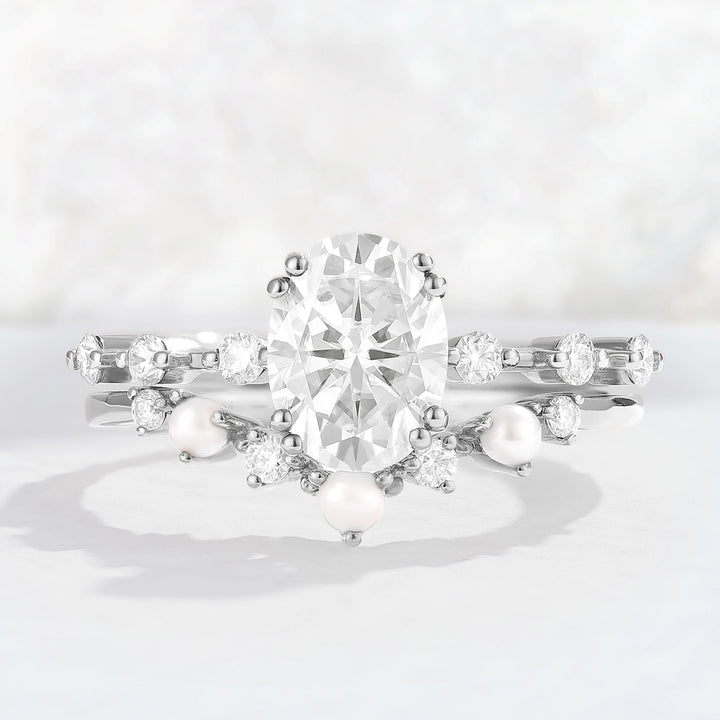 Unique Oval Cut Moissanite Pearl Captivating Gemstone Ring Set 2pcs