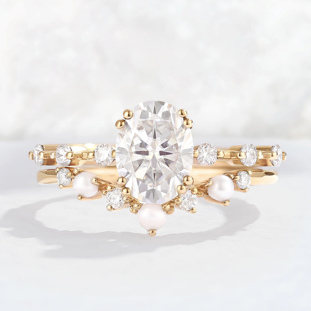 Unique Oval Cut Moissanite Pearl Captivating Gemstone Ring Set 2pcs