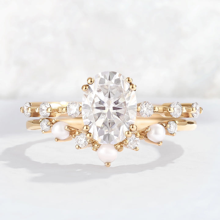 Unique Oval Cut Moissanite Pearl Captivating Gemstone Ring Set 2pcs